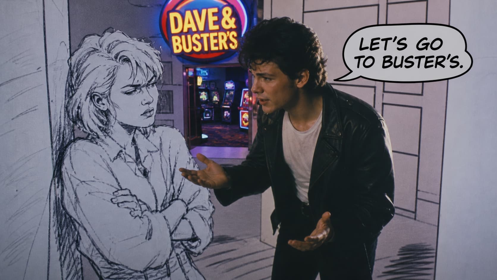 Big Cat photoshopped into the 'Take On Me' music video, pulling a sketched figure toward a Dave & Buster's, with a 'Let's go to Buster's' speech bubble.