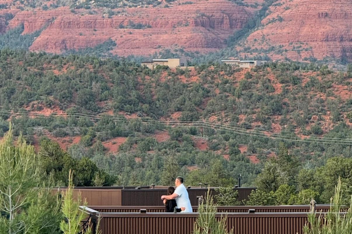 Dianna Russini and Mike Vrabel on a rooftop bungalow at the Ambiente resort in Sedona, Arizona.